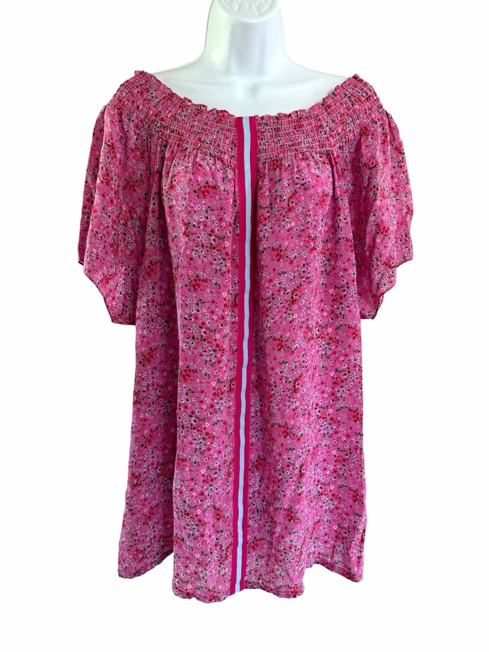 Rungolee 100% Silk Pink Floral Off-Shoulder Smocked Mini Dress Medium